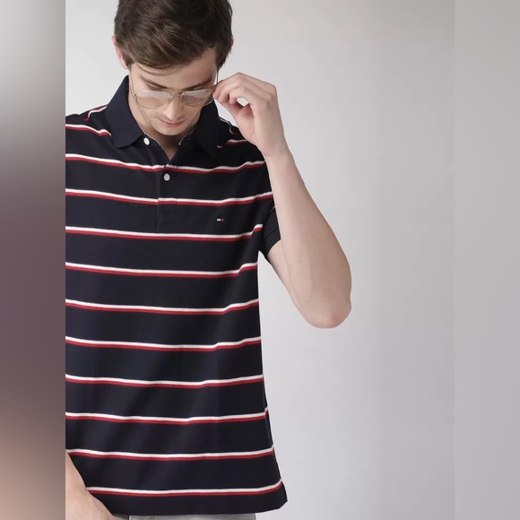 EUC Men’s Size Medium Tommy Hilfiger Performance Pique Striped Polo Shirt Navy - Picture 4 of 12